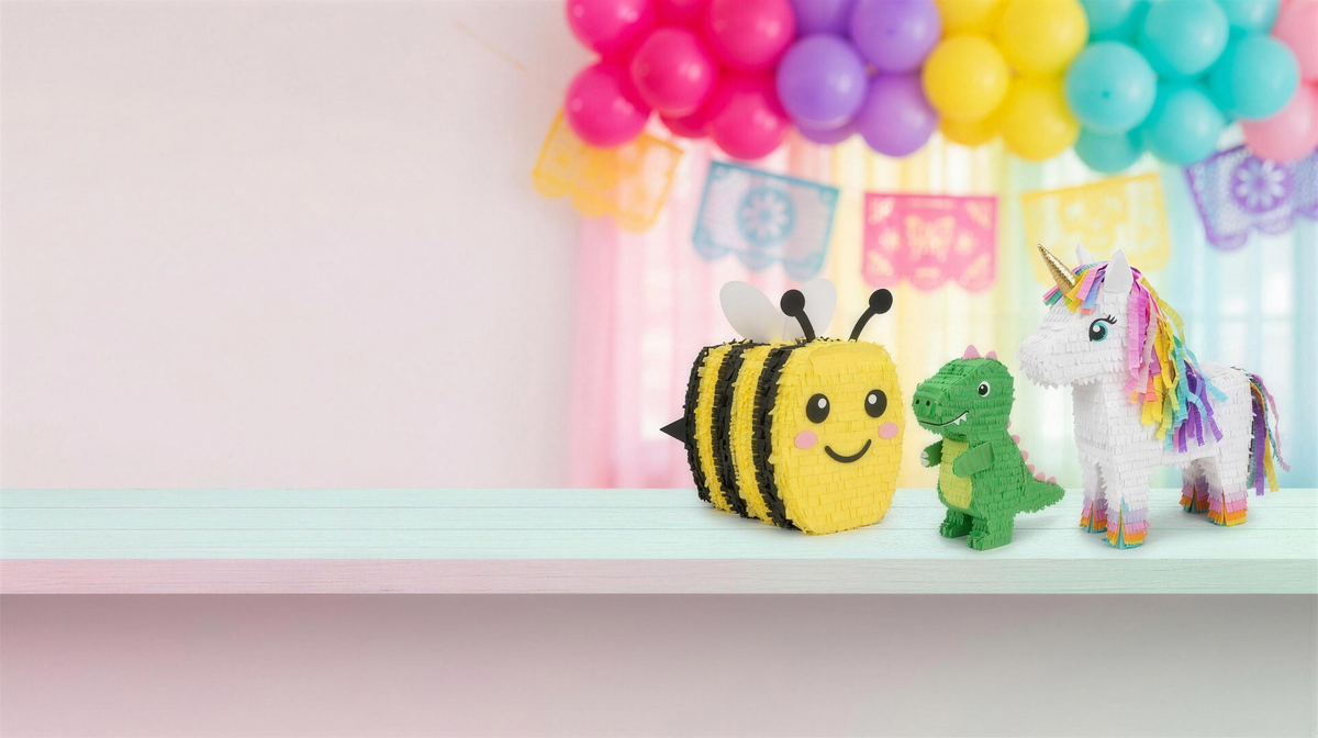 Piñatas de personajes sobre una repisa: una abejita, un dinosaurio verde y un unicornio, bajo un arco de globos pastel.