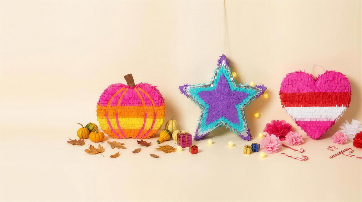 Piñatas por temporada: una calabaza de otoño, una estrella navideña y un corazón de San Valentín, hechas a mano.