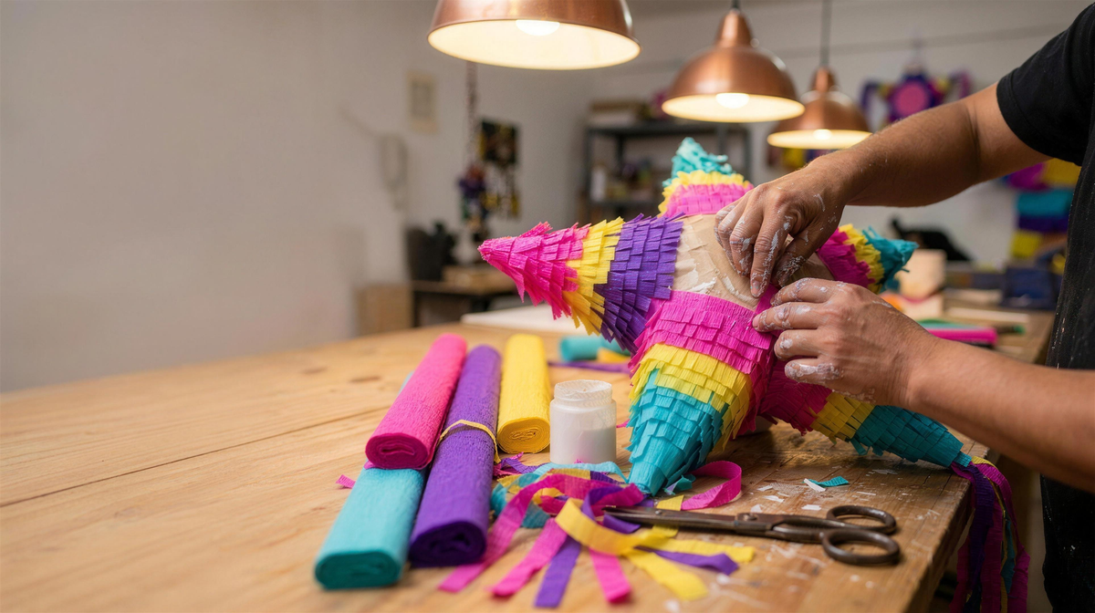 Manos armando a mano una piñata de estrella sobre una mesa de taller con rollos de papel crepé de colores y tijeras. Cada piñata de Piñatas NENA se hace por pedido.