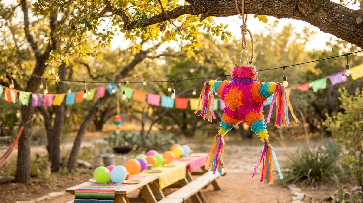 Piñata de estrella colgada de un árbol en un patio al atardecer, con banderines de colores y una mesa de fiesta preparada.