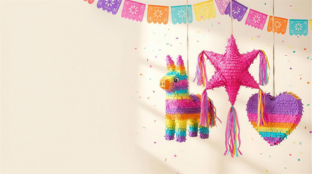 Piñatas artesanales colgando de una pared: un burrito de colores, una estrella rosa y un corazón arcoíris, con papel picado y confeti. Piñatas NENA, San Antonio, Texas.